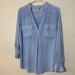 a new day Light Blue & White Striped V-Neck Blouse Women Size XL